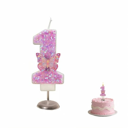 Sparkle Butterfly Number 1 Candles for Birthday Cakes,Pink Purple Glitter with Sequins,Safe & Reusable,for Girls Women Anniversary Decor,Glitter Design with Cake Tray,Long-Lasting (Pink 1)