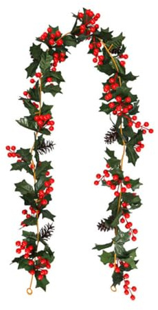FACAIIO Guirlande de houx artificiel avec feuilles vertes et baies rouges, 170,2 cm de lierre de Noël pour décoration de maison, jardin, fête