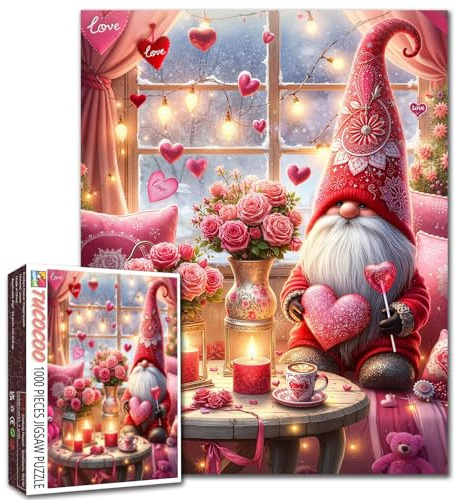 Valentine Season Theme Sence Jigsaw Puzzle 1000 Pieces Puzzles for Adults Love Day Gnomesits Dwarf Warm Scene Jigsaws Roses Heart Decorations for Home Wall Decor Gifts 20 X 27 Inches