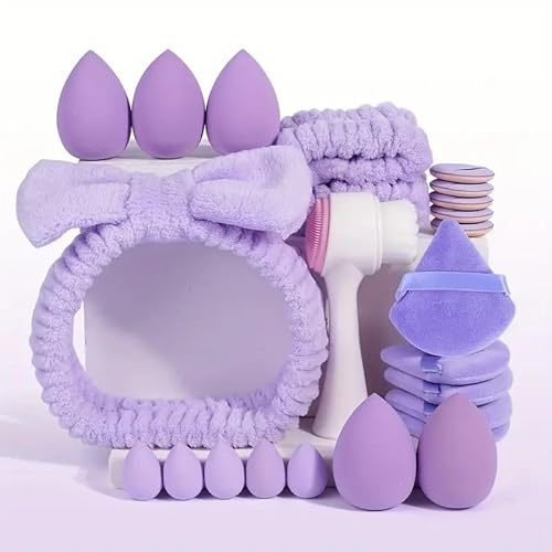 Set 24pcs Skincare con Fascia Capelli Donna Trucco | Fasce Spa per le donne Complete di Spugne e Spazzola Detergente | Fascia Capelli Skincare Donna Polsini Skin Care Assorbente per Makeup(viola)