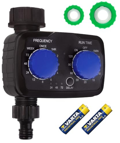 GreenBlue GB391 - Regolatore di irrigazione elettronico con timer e regolazione della frequenza, programmatore automatico di irrigazione da giardino IP55 + batterie