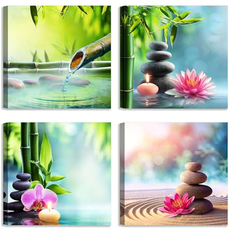 LuxHomeDecor Set di 4 quadri 30x30 cm – stampa su tela con telaio in legno – zen spa rilassante con fiori, bambù e pietre