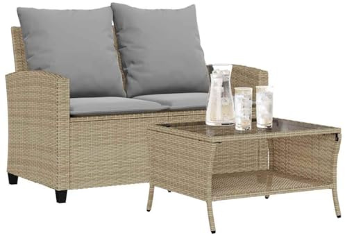QZZCED Divano da giardino 2 posti con tavolo in vetro temperato e cuscini estraibili - Set da esterno in rattan sintetico e struttura in acciaio per terrazza o patio