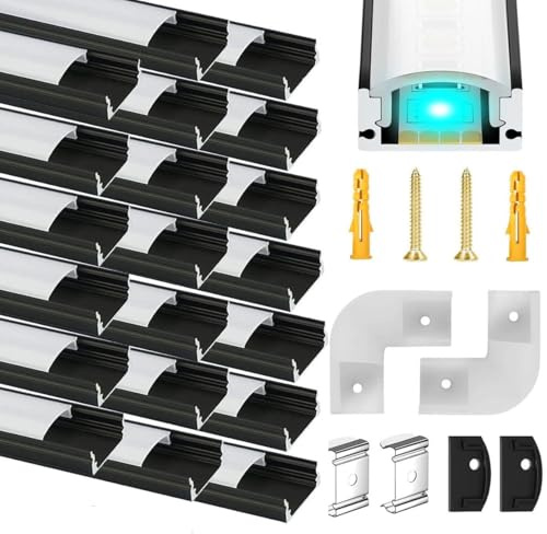Chesbung 20 X 1m Schwarz LED Aluminium Kanal für Led Streifen/Stripes, U Form Kanal Eckprofil Alu Profile, Leiste Aluprofil with Milchig Weißer Abdeckung, Montageclips und 90 Grad Eckverbindern