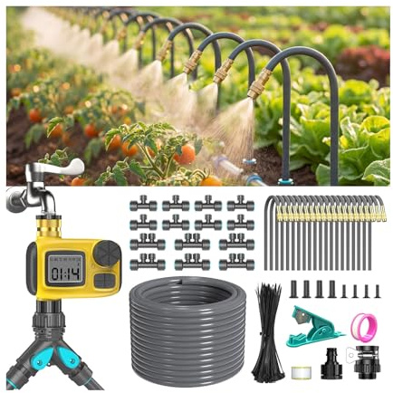 CyberOrd 360°Adjustable Drip Irrigation System Kit with Hose Timer - 98FT 1/2 Garden Watering System with 20 Copper Nozzles, Greenhouse Accessories, Irrigation System for Garden,Yard, Lawn, Plant