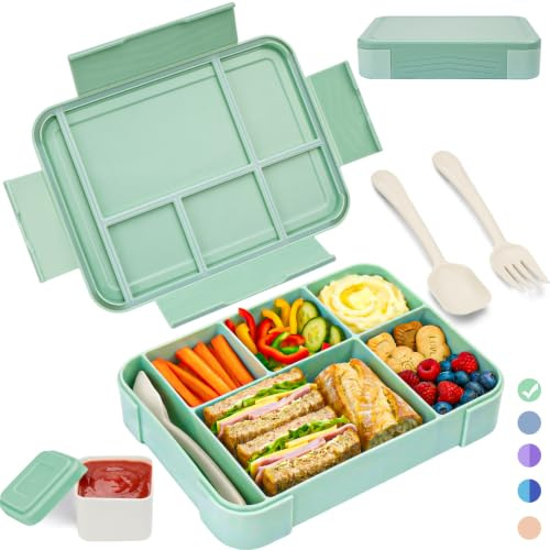 BIBURY Lunch Box Kids Adults, Leakproof Bento Box Lunchbox with 5 Compartments & Sauce Pot & Cutlery, BPA Free, Microwave Dishwasher Safe Snack Box Sandwich Box for School Boys Girls, 1.3L (Green)