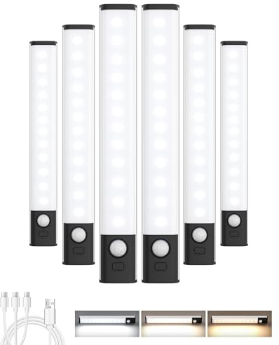 PZSUNLY LED Cuisine Sous Meuble, Lumière Détecteur de Mouvement Intérieur | Réglette Led Rechargeable USB Sans Fil, Dimmable, Magnétique, Lampe de Placard pour Escaliers,Couloir,Cuisine, 6 Pièces