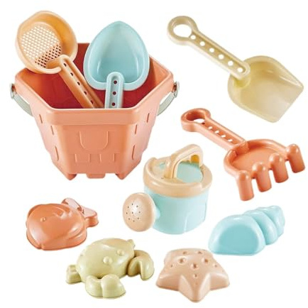 XIQIQI Giochi Da Spiaggia Per Bambini | 10 Pezzi con Secchiello e | Kit per Costruire Castelli di Sabbia Giocattolo Acquatico - Maschi Femmine 1+ Estate Piscina Giardino Vacanze Gite Campeggio