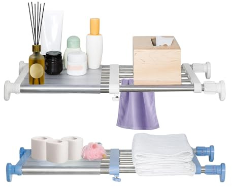 Hershii Closet Tension Shelf & Rod Expandable Metal Storage Rack Adjustable Organizer DIY Divider Separator for Cabinet Wardrobe Cupboard Kitchen Bathroom 2 Colors - Ivory & Blue