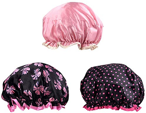 TUPARKA 3 Packs Shower Caps Waterproof Bath Caps Double Layer Shower Hat for Girls and Women