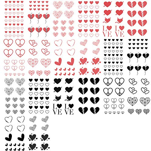 Everjoy Temporäre Tattoos mit Herzen, 15 Designs, 2 Farben, 360 Muster, wasserdicht, Valentinstags-Aufkleber, Tattoo-Aufkleber für Damen, Rot/Schwarz