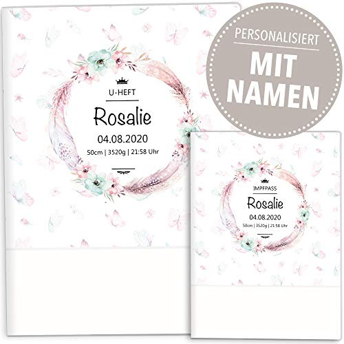 OLGS Hülle für U-Heft + Impfpass, Design Eule Schmetterling Untersuchungsheft Hülle & Impfpasshülle schöne Geschenkidee personalisierbar mit Namen (U-Heft Hüllen Set personalisiert, Rosalie)