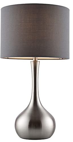 National Lighting Modern Table Lamp - 3-Stage Dimmer Touch Lamp for Desk - Bedside Reading Lamps for Bedroom - Satin Nickel Effect & Dark Grey Cotton - 40W 240V Incandescent E14 Candle (Not Included)