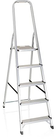 hjh OFFICE Klappleiter SOLID III - 5 Stufen - Aluminiumleiter klappbar - Arbeitshöhe 2,5 m - TÜV-geprüft - Große Trittflächen - Stabil & sicher