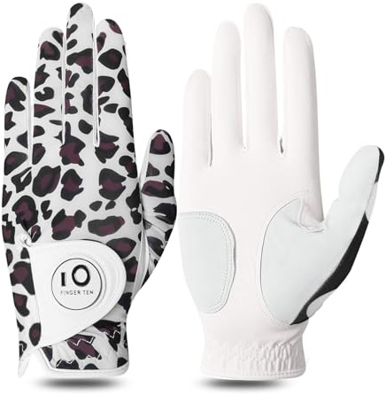 FINGER TEN golfhandskar dam läder vänster höger hand golfhandske golfhandskar med boll märkpenna värde 1 st handske, regn grepp grepp vänster höger golfare (Marron, L, vänster)