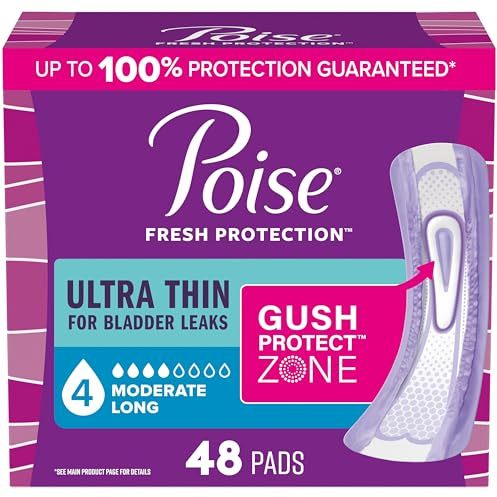 Poise Ultra Thin Incontinence Pads & Postpartum Pads for Bladder Leaks, 4 Drop Moderate Absorbency, Long Length, 48 Count, Packaging May Vary