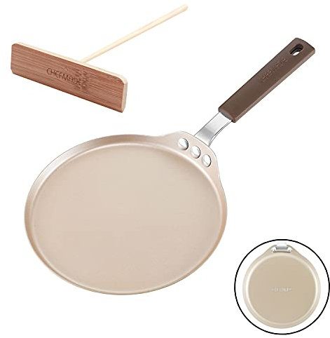 CHEFMADE Crepe Pan with Bamboo Spreader, 8-Inch Non-Stick Pancake Pan with Insulating Silicone Handle for Gas, Induction, Electric Cooker (Champagne Gold)