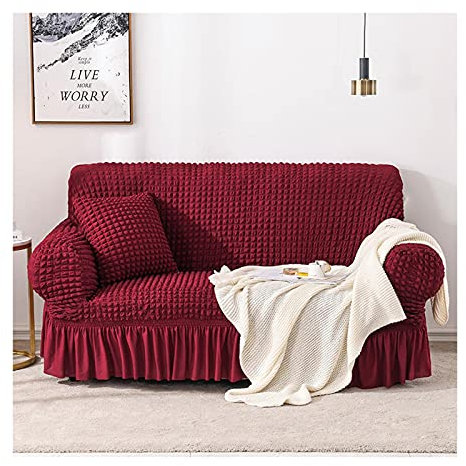 AMDXD Sofabezug 1 Sitzer, Einfarbig Strukturiert Rock Sofa Stretchhusse Möbelschutz mit Elastischem für Wohnzimmer, in Polyester, Anti-Rutsch, Elastischer, Weinrot