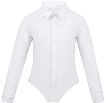 Agoky Kinder Jungen Langarm Bodysuit Tanzbody Latein Anzug Hemd Shirt mit Fliege Einteiler Jumpsuit Overall elastische Leotards Weiß B 104
