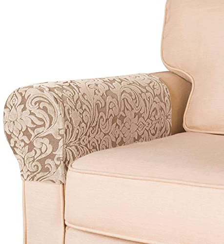 NEKOSUKI Armrest Chair Covers, Set of 2 Jacquard Stretch Armchair Covers with Twist Pins for Arms, Anti-Slip Spandex Polyester Sofa Chair Arm Caps Slipcovers for Furniture Protector (Apricot)