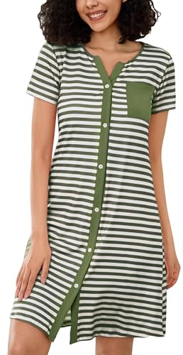 Marvmys Women’s Nightdresses Soft Cotton Nightshirt Stripe Sleep Dress Button-Up V Neck Sleepwear Nightgown Summer Loungwear B-Green L