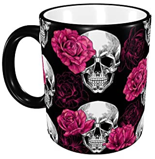 AOOEDM Tasses à café de 11 oz, têtes de mort et roses roses tasse en céramique grande tasse à thé pour le bureau et la maison élégant, passe au micro-ondes, cadeau de remerciement