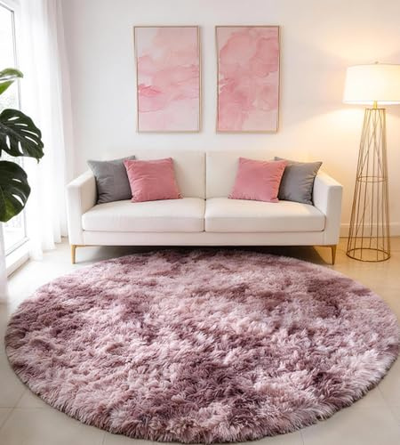 MARATIP Rund matta med lång lugg, modern matta, för vardagsrum, sovrum, matsal eller barnrum, mjuk och fluffig matta för sovrummet (rosa lila, 150 cm rund)