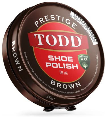 TODD Prestige Shoe Polish Brown Dark Tan High Gloss with Carnauba Wax | Shine and Protect for Leather Shoes, Boots, Bags | Metal Tin | 50ml