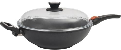 SKK große Antihaft Wok-Pfanne Ø 32 cm - induktionsgeeignet - runder Aluguss Asia Stielwok mit Glasdeckel & abnehmbaren Stiel - Made in Germany