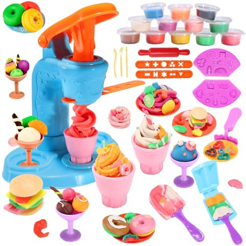 VBACALA Kinder Knete Set mit Eismaschine 34 teiliges Knetwerkzeug mit 12 Farben Knetmasse, Kitchen Creations Knete Spielzeug ab 3 Jahre für Mädchen & Jungen