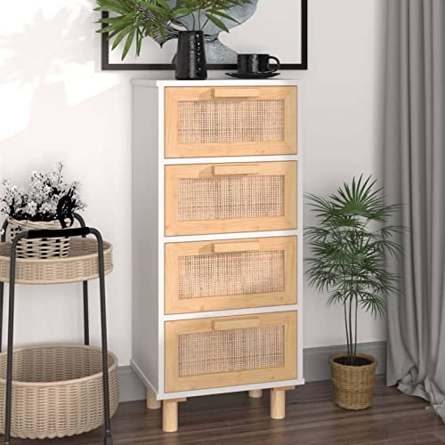 CIADAZ Sideboard, Kommode Schlafzimmer, Komodenschrank, Flur Möbel, Apothekerschrank, Wohnzimmerschrank, Flur Schrank, Beistellschrank, Weiß 40x30x90 cm Massivholz Kiefer und Natur-Rattan