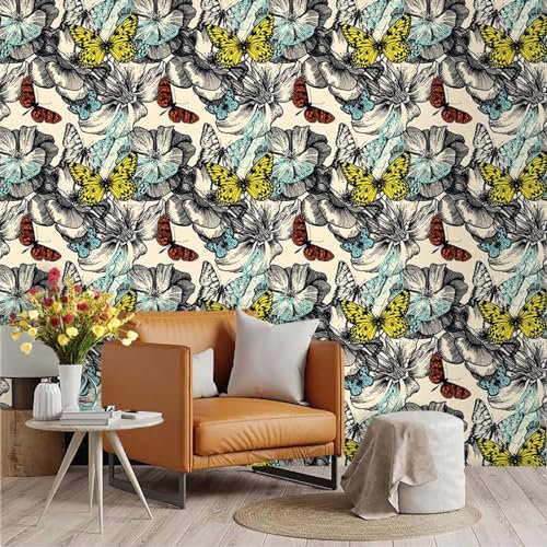 Tapete Gelber Schmetterling Grau Vliestapete Klebefolie Möbel Leicht Abzuziehen Selbstklebende Tapete Schlafzimmer Küchenrückwand Tapete Selbstklebend for Living Room 45x600cm