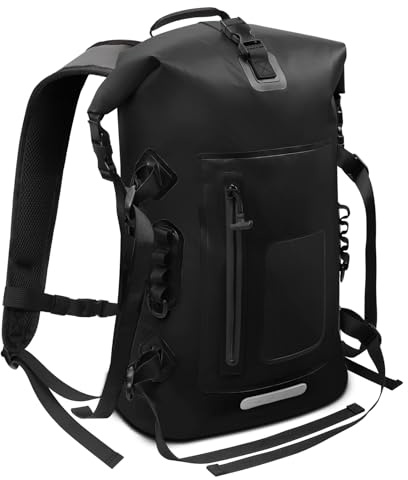 Sac à dos étanche 30-35L, Rolltop Waterproof Backpack avec sangle rembourrée, fermeture éclair étanche, sac étanche, Dry Bag pour sports nautiques, vélo, plein air, randonnée, Noir , taille unique