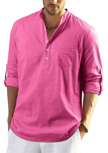 Enlision Uomo Camicia in Lino di Cotone Manica Lunga Henley Shirt con Bottoni Casual Hawaii in Tinta Unita Maglietta T-Shirt da Uomo per Interni Spiaggia Hippie