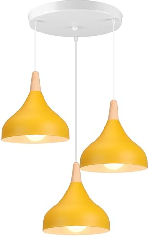iDEGU Retro hängande ljuskrona 3 lampor hängande lampa modern droppstil taklampa E27 metall trä taklampa för sovrum, matsal, kök, Ø 20 cm (gul, rund)