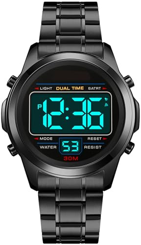 findtime Digital Uhren Herren Luxus Sportlich Männer Uhr Militär Edelstahl LED Wecker Digitale Armbanduhren Herrenuhr Wasserdicht mit Stoppuhr Datum Dual Time 12/24H Multifunktions