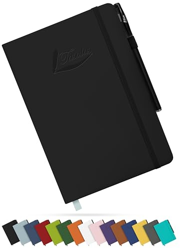 Tasalas A5 Notebook and Pen - 200 Lined Pages Journal Notepad, 80 GSM, Black Notebook A5 with Soft PU Cover, Elastic Loop, Pen Holder, Expandable Pocket - Note Book for Writing and Note-Taking