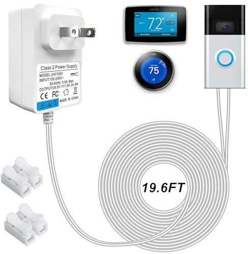Solsinsy 24V DC Power Adapter Transformer Compatible with C Wire Thermostat,Heywell Nest,Ring Pro doorbell,Ring Wired doorbell,Wyze Video Doorbell,24V LED Strip Light,Comes with Connector, 19.6FT