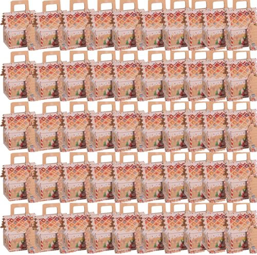 50 Stück Weihnachten Geschenkboxen Kleine Weihnachtsplätzchenboxen Kraftpapier Süßigkeitskästen mit Tragegriff und Karte Keksschachtel Gastgeschenke Schokolade Bonboniere Weihnachten Geschenkkarton