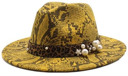 KJXP Pearl Accessories Wollzylinder Britischer Filzhut im Schlangenhaut-Muster Retro-Jazzhut(Gelb)