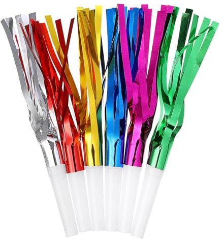 Generic 24PCS Party Blowers Glitter Fringed Metallic Noise Maker Fringed Noisemakes Blowouts Horns Whistles for Birthday New Years Party Noisemakers,party blowers for kids (Mixed Color)