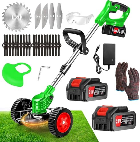 Decespugliatore a Batteria 21V Tagliabordi a Batteria, Tagliabordi Elettrico con 2 4.0Ah Batterie e 4 Tipi di Lame, Ruote Rimovibili, Decespugliatori da Giardino Altezza Regolabile per Prati