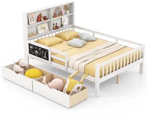 Maxmass Wooden Kids Bed Frame, Wooden Toddler Floor Bed with 2 Drawers, Bookcase, Blackboard, Full-Length Guardrails, Children Mattress Foundation for Boys Girls, No Box Spring Needed (Double)