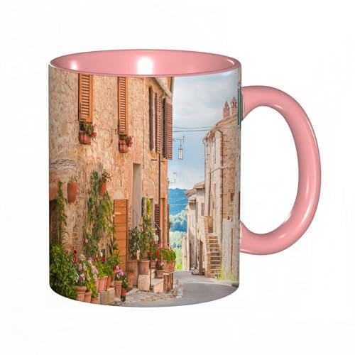 EKLMPS Tazas de Café,Taza de Cerámica para Té y Café,330ml/11oz,Regalos original,Aniversarios,nupical,desayuno,Románticos,El casco antiguo medieval de la Toscana, Italia