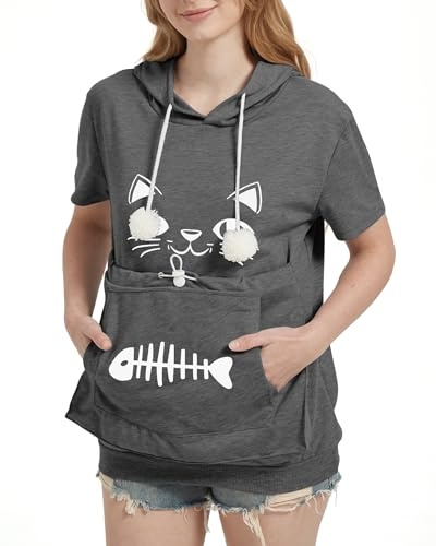 MEGAVOW Sudadera con Capucha de Manga Corta para Mujer, Sudaderas Mujer con Bolsillo para Gato, Moda Hoodies Pullover Sweatshirt Jersey Deporte para Primavera y Verano