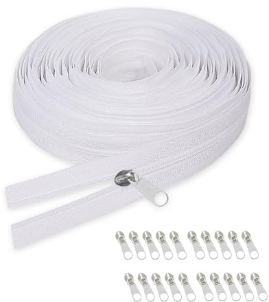 GIDWRIY Chiusura Zip Cerniera Lampo Lunga 10 M,Chiusura Lampo Nylon per Giubbotto,Cerniera Lampo Infinita con 20 Cursori,Cerniera Lampo per Borse,Chiusure lampo per Cucito per Biancheria-Bianco