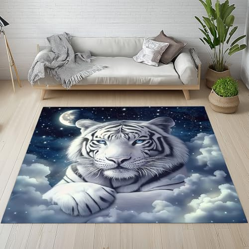 Dpvbffx Weißer Tiger Teppich Groß 160x230 cm | Tiger Sternenhimmel Waschbare Teppiche Antirutsch, Geheimnis Fantasy Tiermotiv Teppich Weich Kurzflor Fur Wohnzimmer,