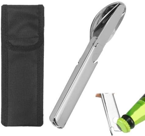 HABNI Edelstahl 4-Teilig Camping Besteck, Outdoor Besteck mit Gabel, Messer, Löffel und Öffner, Silber, Poliert, Spülmaschinenfest, Schlicht, für Outdoor-Essen