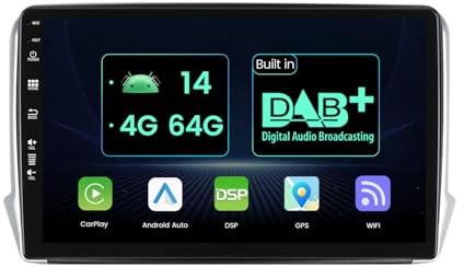MISONDA Autoradio Android 14 pour Peugeot 2008/208-(2012-2018)- [4G+64G] - Dab+ Carplay DSP intégré - Caméra MIC Gratuite Prise en Charge GPS Commande au Volant Dab 4G WiFi BT FM RDS