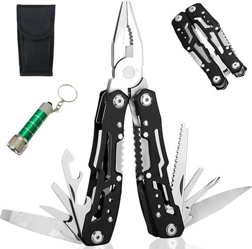 XEEMKAR | Alicates multiusos, incluye linterna llavero, multiusos herramienta, alicates multiherramienta, herramienta multiusos, alicate multiusos, multiherramienta supervivencia (Negro)